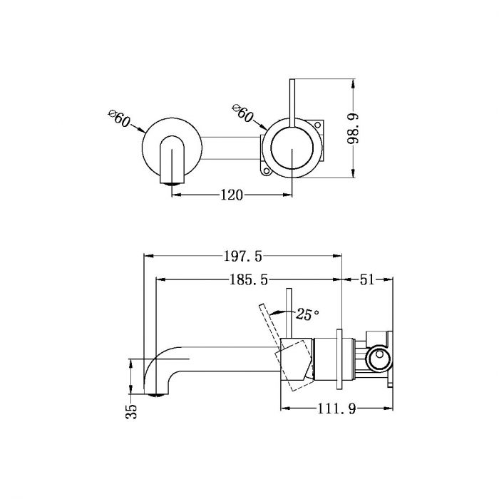 Mecca Handle Up Wall Basin Mixer Combination Seperate Plate - Matte Black
