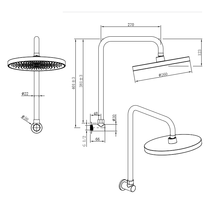 Linkware Gabe High Rise Shower Arm and Rose - Brushed Gold