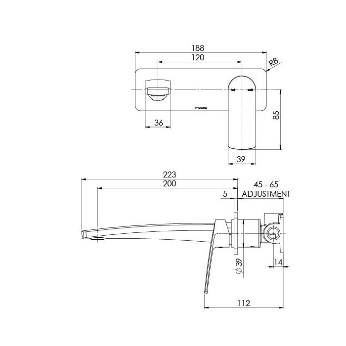 Phoenix Mekko Wall Basin / Bath Mixer 200mm Brushed Nickel
