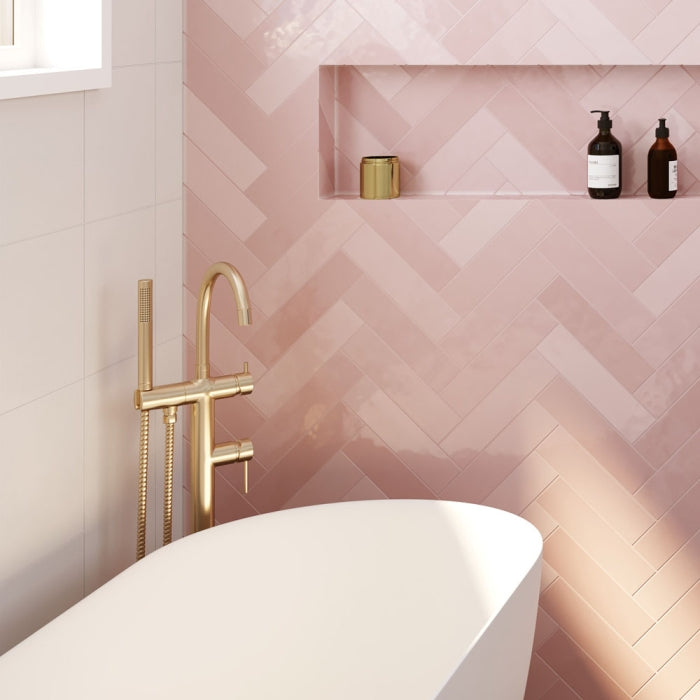 Kaya Floor Mounted Bath Mixer With Hand Shower, Urban Brass
