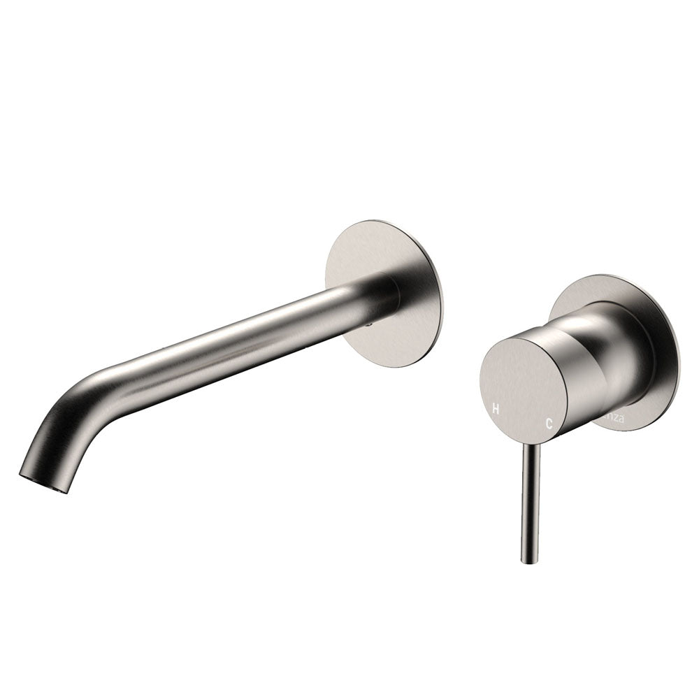 Kaya Basin/Bath Wall Mixer Set, Round Plates, 200mm Outlet, Brushed Nickel