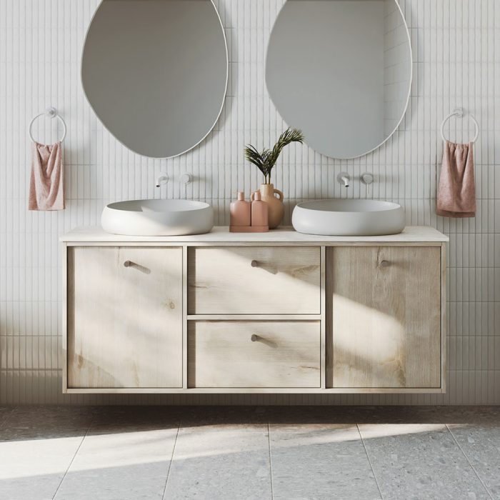 Kaya Basin/Bath Wall Mixer Set, Round Plates, 200mm Outlet, Matte White