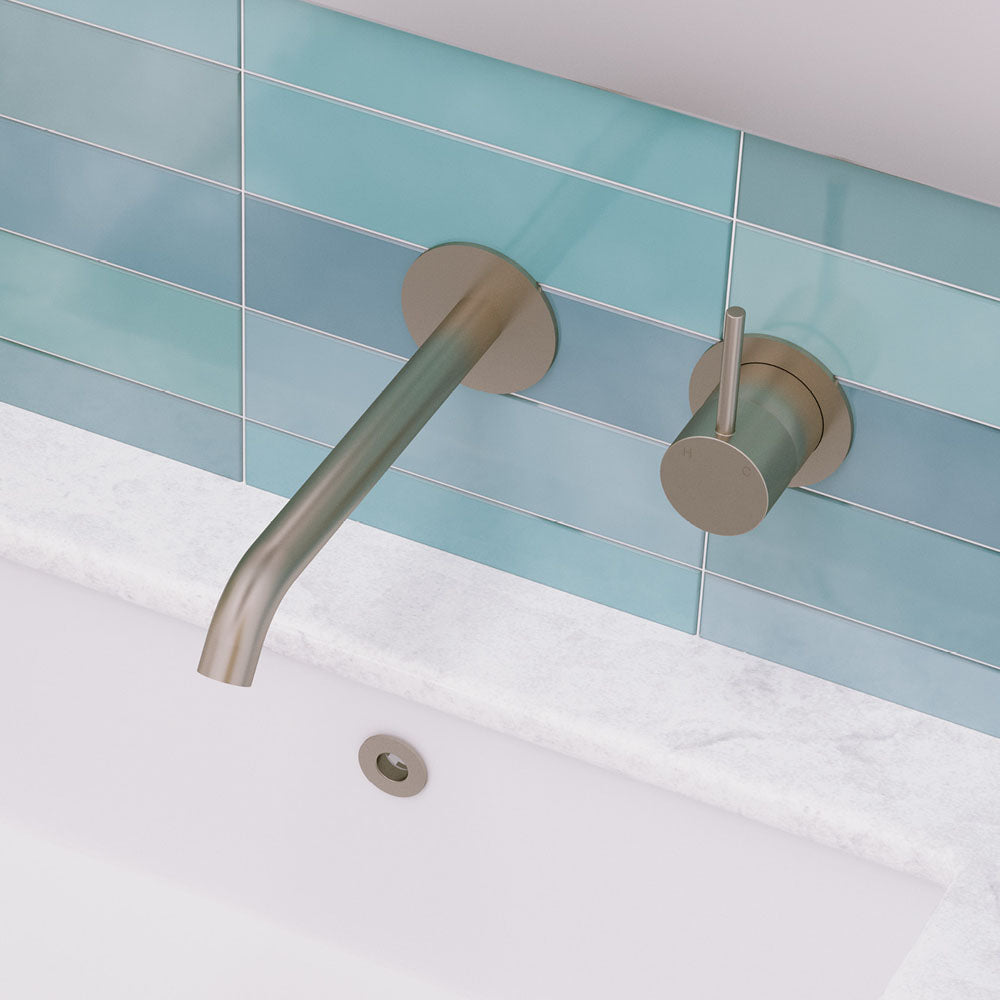 Kaya Up Basin/Bath Wall Mixer Set, Round Plates, 200mm Outlet, Brushed Nickel