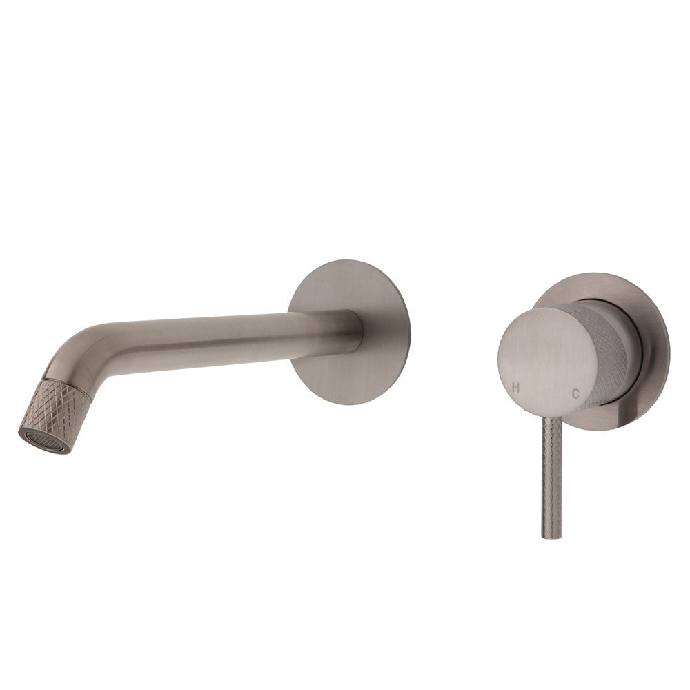 Axle Wall Basin/Bath Mixer Set, Brushed Nickel, Small Round Plates, 200mm Outlet