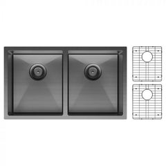 Fienza Hana 760mm x 450mm Double Bowl Kitchen SInk - PVD Carbon Metal Complete Kit