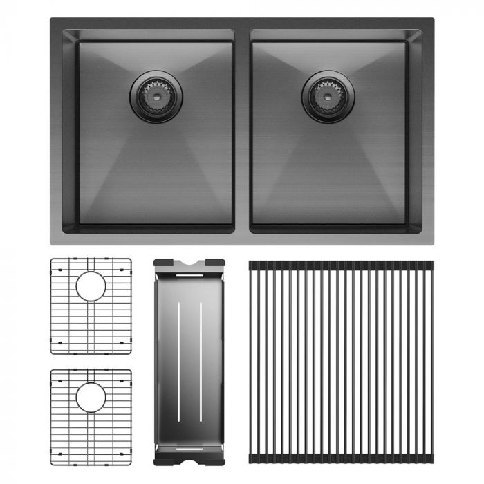 Fienza Hana 760mm x 450mm Double Bowl Kitchen SInk - PVD Carbon Metal Complete Kit