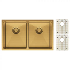 Fienza Hana 760mm x 450mm Double Bowl Kitchen SInk - PVD Rugged Brass Complete Kit