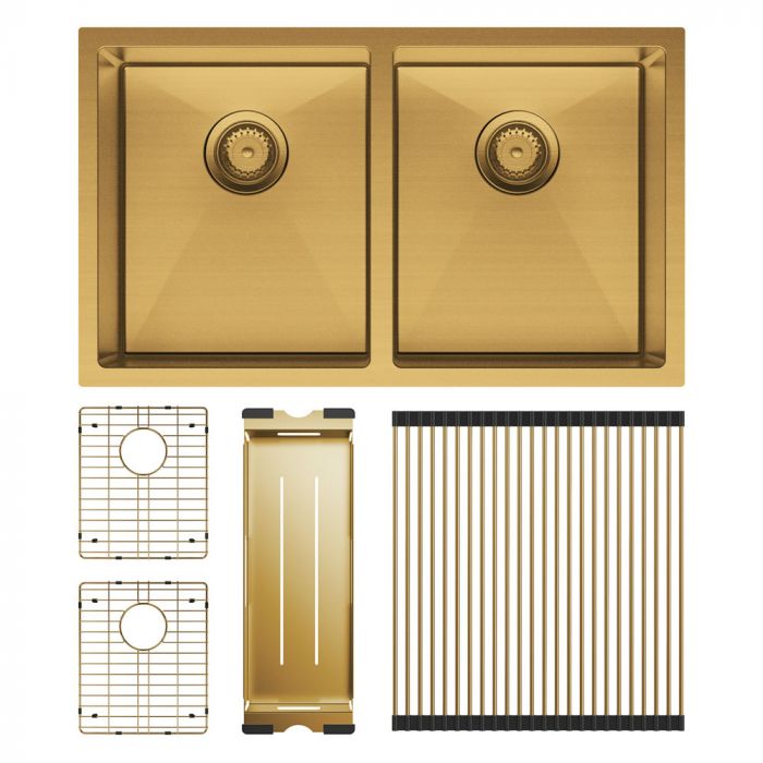 Fienza Hana 760mm x 450mm Double Bowl Kitchen SInk - PVD Rugged Brass Complete Kit