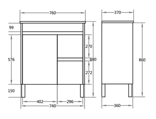 750mm X 365mm PVC Floor Standing Vanity Legs Right Hand Drawers