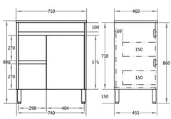 750mm X 460mm PVC Floor Standing Vanity Legs Left Hand Drawers