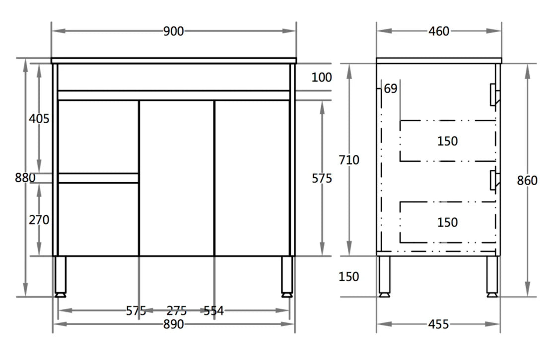 900mm X 460mm PVC Floor Standing Vanity Legs Left Hand Drawers
