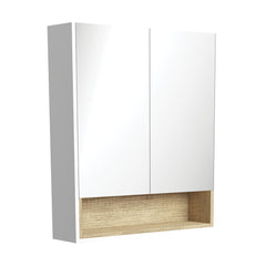 Fienza 750 Mirror Cabinet with Display Shelf, Satin White with Scandi Oak Insert