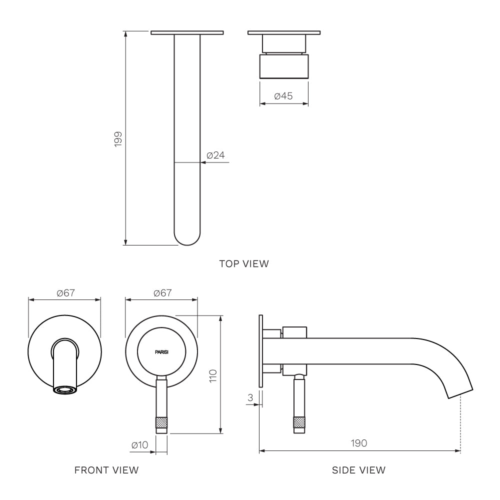 Parisi Tondo II Wall Mixer with 190mm Spout (Individual Flanges) | Matt Black