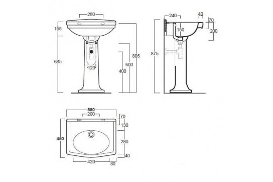 Claremont 58 x 45 Basin & Pedestal Without Taphole