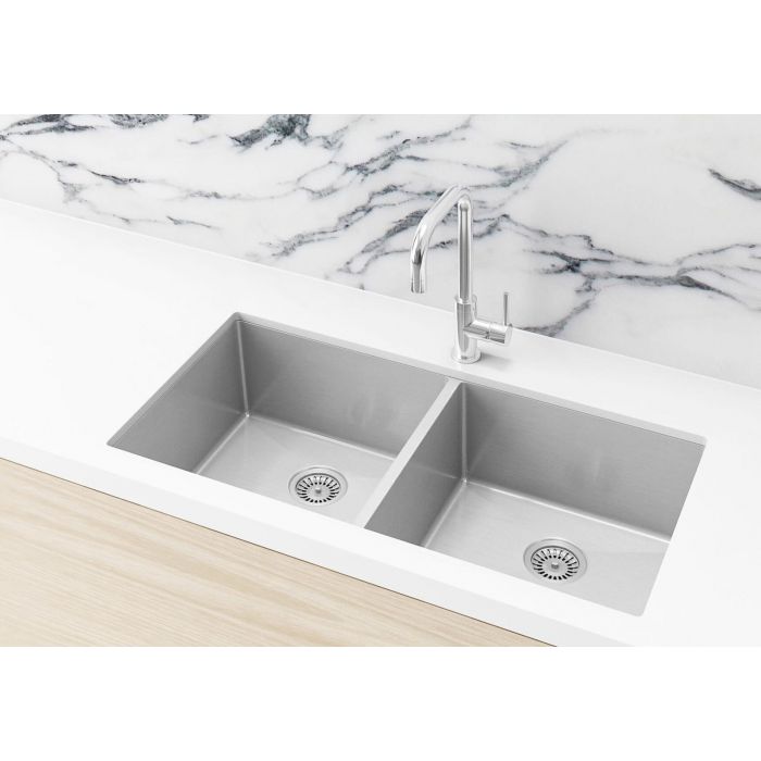 Meir 860mm x 440m Double Bowl Kitchen Sink - Brushed Nickel