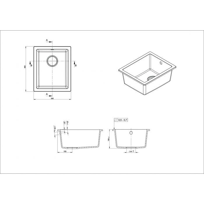 Modern National Como 380mm x 460mm Single Bowl Granite Sink Black