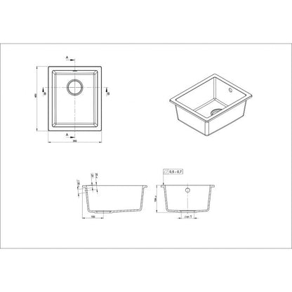 Modern National Como 380mm x 460mm Single Bowl Granite Sink Black