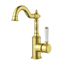 ACL Clasico Tall Basin Mixer Hook Spout with Ceramic Handle - Brushed Gold