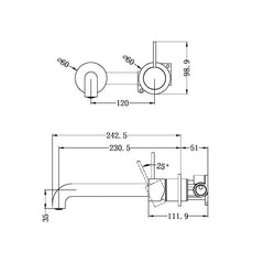 Mecca Handle Up Wall Basin Mixer Combination Seperate Plate - Matte Black