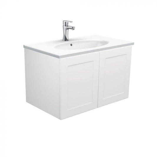Fienza 750mm Rotondo Top With Mila Cabinet Wall Hung - Satin White Right Hand Draws