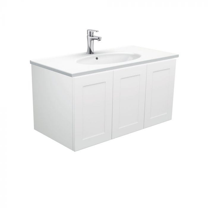 Fienza 900mm Rotondo Top With Mila Cabinet Wall Hung - Satin White Left hand Draws