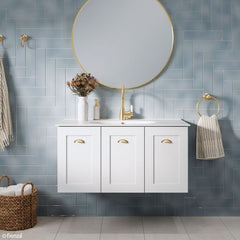 Fienza 900mm Rotondo Top With Mila Cabinet Wall Hung - Satin White Left hand Draws