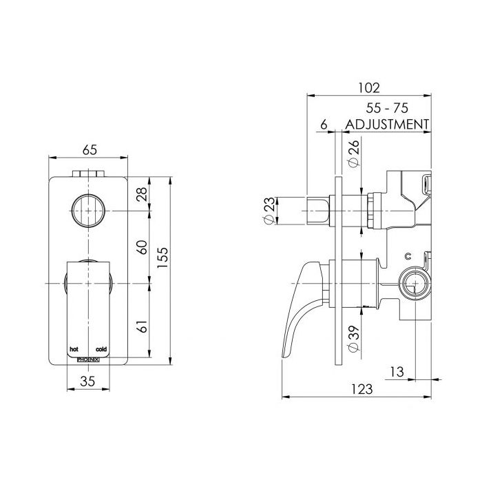 Phoenix Rush Shower / Bath Mixer w/ Divertor Chrome