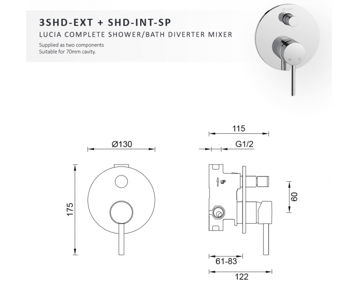 Abey Gareth Ashton Lucia Shower/Bath Mixer W/ Divertor - Chrome