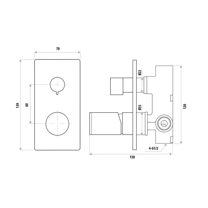 Linkware Gabe Wall Shower Bath Mixer W/ Divertor - Matte Black