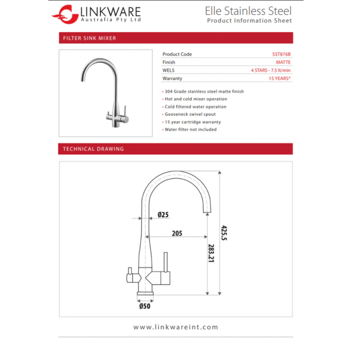 Linkware Elle Stainless Steel Filter Sink Mixer - Chrome