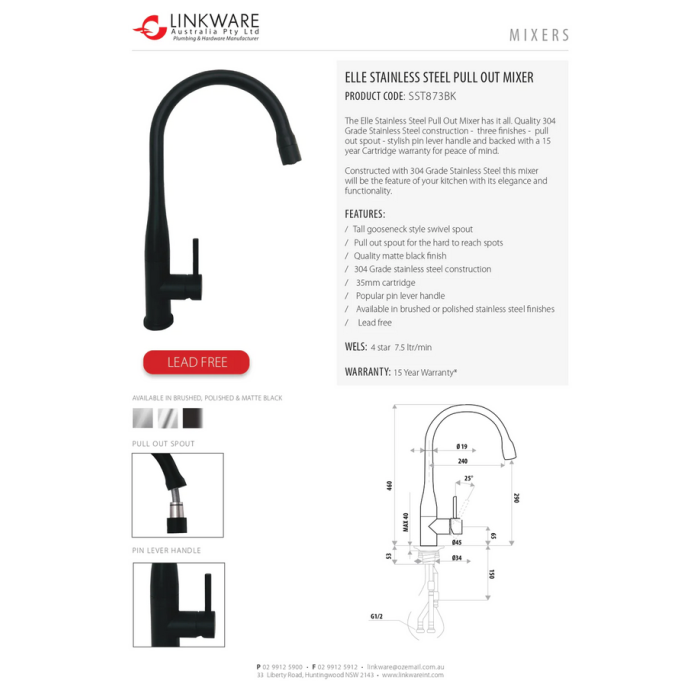 Linkware Elle Matte Black Pull Out Sink Mixer