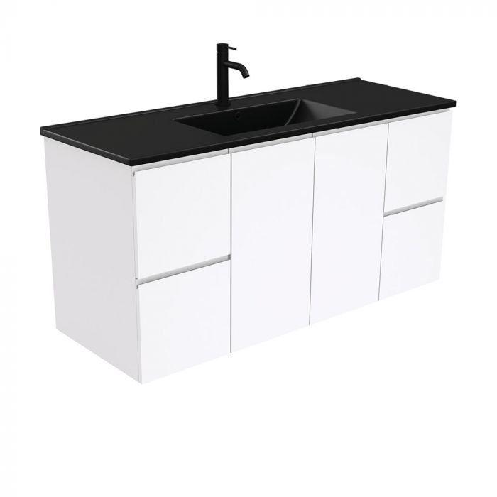 Fienza 1200mm Dolce Matte Black Top Fingerpull Wall Hung Vanity - Gloss White