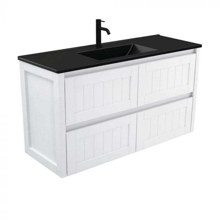 Fienza 1200mm Dolce Matte Black Top Hampton Wall Hung Vanity - Satin White