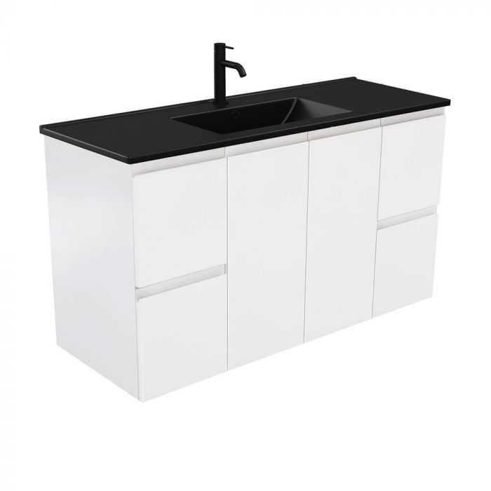 Fienza 1200mm Dolce Matte Black Top Fingerpull Wall Hung Vanity - Satin White