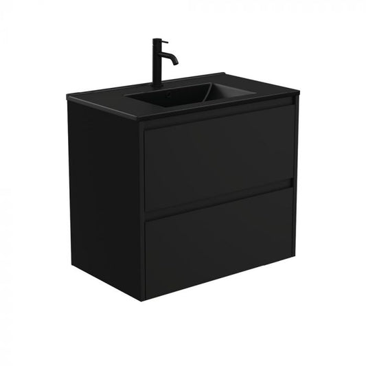 Fienza 750mm Dolce Matte Black Top Amato Double Draw Wall Hung Vanity - Satin Black