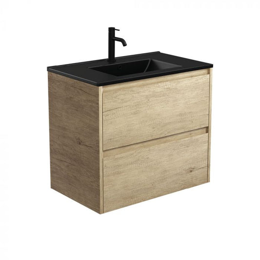 Fienza 750mm Dolce Matte Black Top Amato Double Draw Wall Hung Vanity - Scandi Oak
