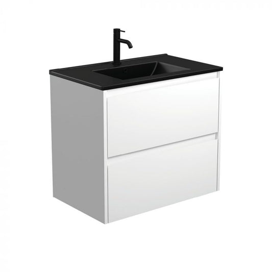 Fienza 750mm Dolce Matte Black Top Amato Double Draw Wall Hung Vanity - Satin White