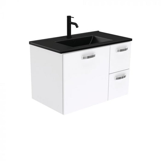 Fienza 750mm Dolce Matte Black Unicab Wall Hung Vanity - Gloss White