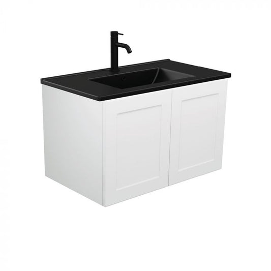 Fienza 750mm Dolce Matte Black Top Mila Satin White Wall Hung Vanity - Left Hand Draw