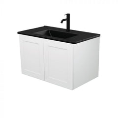 Fienza 750mm Dolce Matte Black Top Mila Satin White Wall Hung Vanity - Right Hand Draw