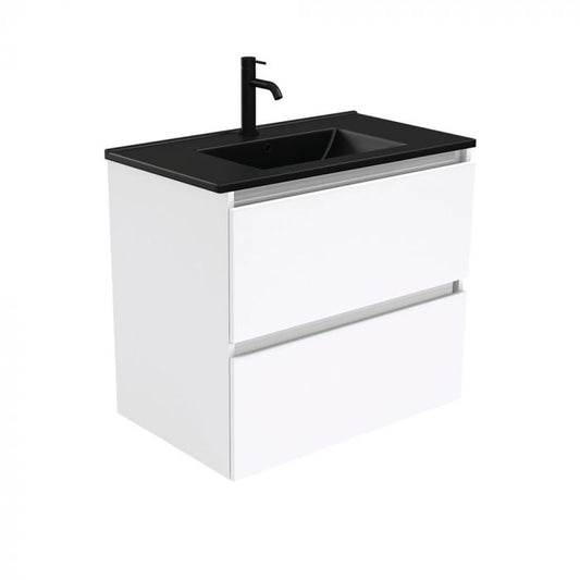 Fienza 750mm Dolce Matte Black Top Quest Double Draw Wall Hung Vanity - Gloss White