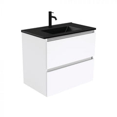 Fienza 750mm Dolce Matte Black Top Quest Double Draw Wall Hung Vanity - Gloss White