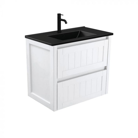 Fienza 750mm Dolce Matte Black Top Hampton Satin White Wall Hung Vanity