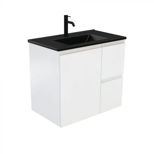 Fienza 750mm Dolce Matte Black Top Fingerpull Wall Hung Vanity - Satin White