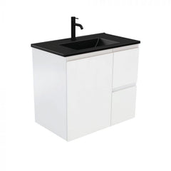 Fienza 750mm Dolce Matte Black Top Fingerpull Wall Hung Vanity - Satin White