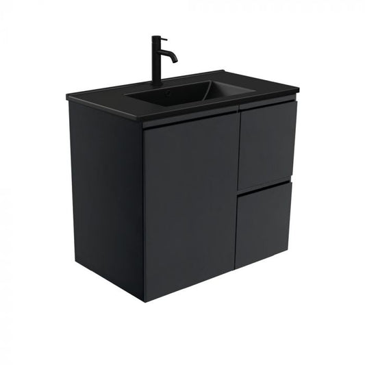 Fienza 750mm Dolce Matte Black Top Fingerpull Satin Black Wall Hung Vanity