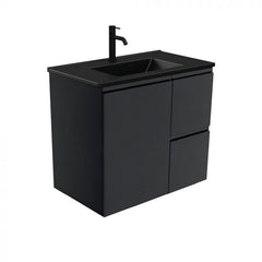Fienza 750mm Dolce Matte Black Top Fingerpull Satin Black Wall Hung Vanity