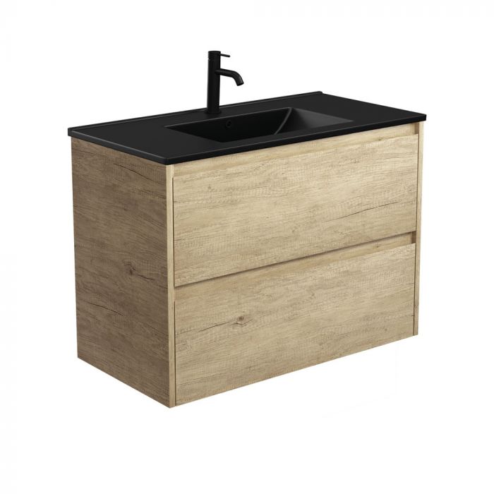 Fienza 900mm Dolce Matte Black Top Amato Wall Hung Vanity - Scandi Oak