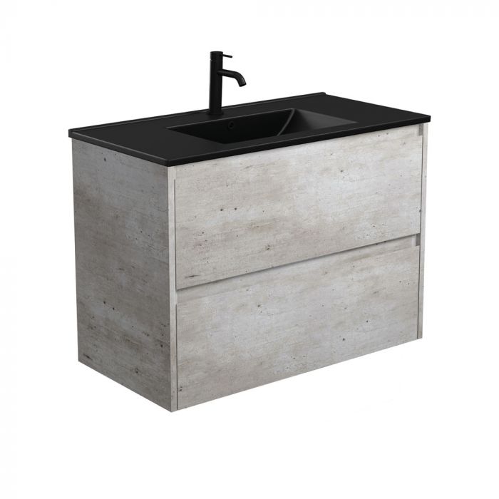 Fienza 900mm Dolce Matte Black Top Amato Wall Hung Vanity - Industrial