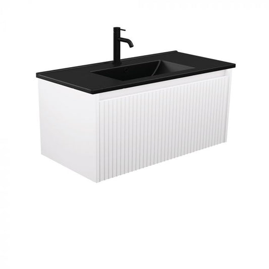 Fienza 900mm Dolce Matte Black Top Alina Wall Hung Vanity - Satin White